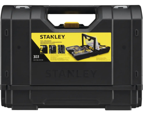 Stanley kunststof gereedschapsorganizer met handgreep en sluitingen voor gereedschap en accessoires.