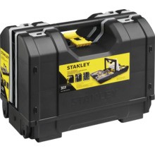 Stanley 3 in 1 gereedschap-organizer van zwart kunststof met gele sluiting en draaggreep.