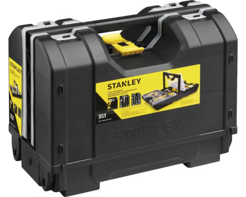 Stanley 3 in 1 gereedschap-organizer van zwart kunststof met gele sluiting en draaggreep.
