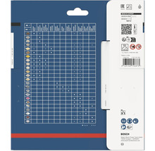 Achterzijde van een Bosch verpakking met materiaaltabel voor cirkelzaagbladen, Bosch Logo, recycling- en veiligheidssymbolen.
