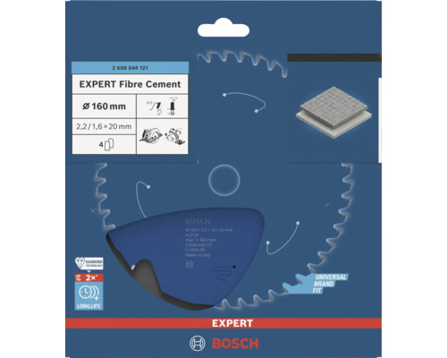 Bosch cirkelzaagblad Expert Fibre Cement, diameter 160 millimeter, asgat 20 millimeter, 4 tanden, voor vezelcement.