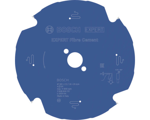 BOSCH Cirkelzaagblad Expert for Fiber Cement Ø 160x20x2,2 mm 4T Bosch cirkelzaagblad Expert Fibre Cement voor vezelcement, diameter 160 millimeter, asgat 20 millimeter, 4 tanden, Bosch Logo.