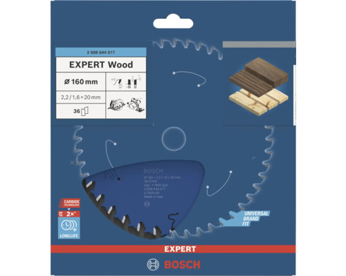 Bosch Expert Wood cirkelzaagblad, diameter 160 millimeter, 36 tanden, asgat 20 millimeter, voor houtbewerking en lange levensduur.