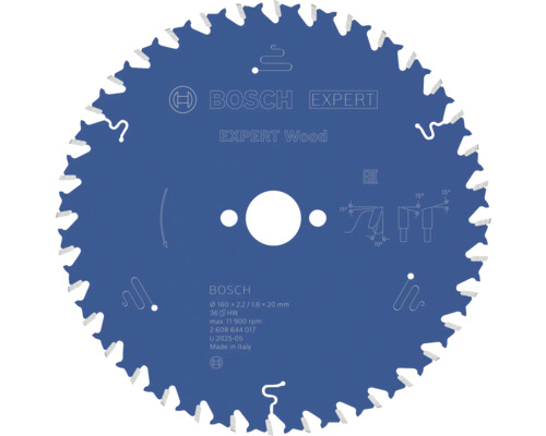 BOSCH Cirkelzaagblad Expert for Wood Ø 160x20x2,2 mm 36T Bosch cirkelzaagblad Expert Wood, diameter 160 millimeter, asgat 20 millimeter, 36 tanden, voor hout.