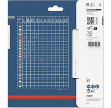 Achterzijde van de Bosch Expert cirkelzaagbladverpakking met materiaalvergelijkingstabel, veiligheidssymbolen voor bescherming en Bosch Logo.