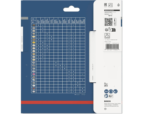 Achterzijde van de Bosch Expert cirkelzaagbladverpakking met materiaalvergelijkingstabel, veiligheidssymbolen voor bescherming en Bosch Logo.