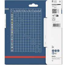 Achterzijde van de Bosch Expert verpakking met een tabel voor materiaalcompatibiliteit voor cirkelzaagbladen en veiligheidssymbolen.