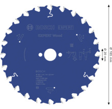 Blauw Bosch cirkelzaagblad Expert for Wood met een diameter van 165 millimeter, een asgat van 20 millimeter en 24 tanden.