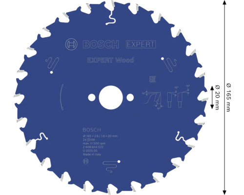 Blauw Bosch cirkelzaagblad Expert for Wood met een diameter van 165 millimeter, een asgat van 20 millimeter en 24 tanden.