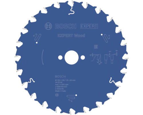 Bosch cirkelzaagblad Expert for Wood, 165 bij 2,6 bij 20 millimeter, 24 tanden, blauw.