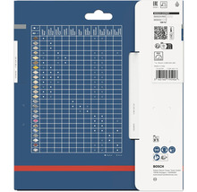 Achterzijde van de Bosch Expert-verpakking met materiaalcompatibiliteitstabel, veiligheidssymbolen en Bosch Logo.