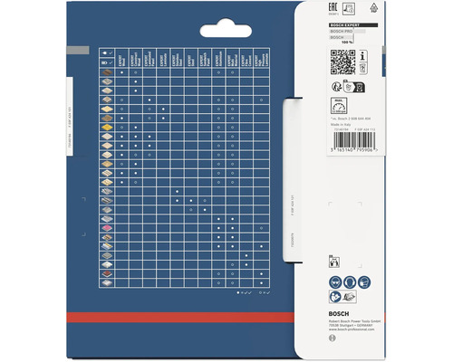 Achterzijde van de Bosch Expert-verpakking met materiaalcompatibiliteitstabel, veiligheidssymbolen en Bosch Logo.