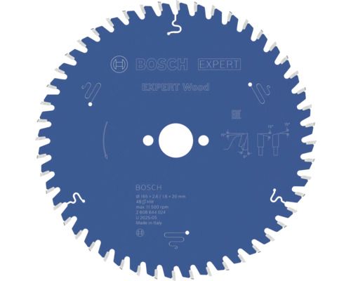 BOSCH Cirkelzaagblad Expert for Wood Ø 165x20x2,6 mm 48T Bosch cirkelzaagblad Expert for Wood, diameter 165 millimeter, asgat 20 millimeter, 48 tanden.
