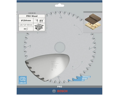 Cirkelzaagblad Bosch PRO Wood, diameter 254 millimeter, 40 tanden, voor hout, Universal Brand Fit, lange levensduur, Bosch Logo.