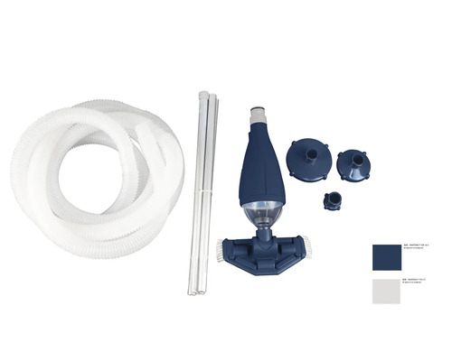 Zwembadreinigingsset bestaande uit een witte slang, aluminium telescopische stelen, bodemzuiger met borstels, transparant vuilreservoir en adapters.