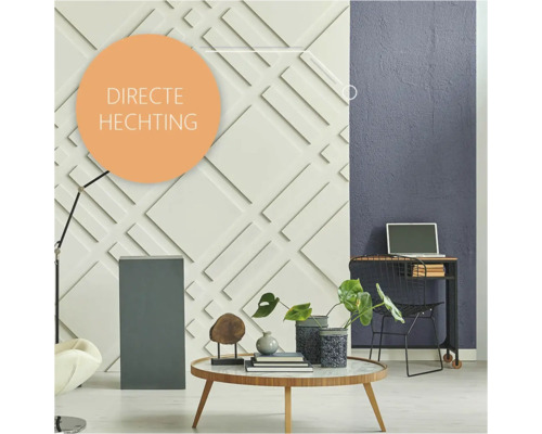 Woonkamer met driedimensionale wandpanelen en de tekst Directe Hechting