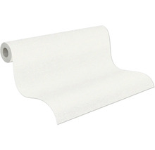 Gestructureerd vliesbehang, gedeeltelijk uitgerolde rol in wit met een fijne oppervlaktestructuur.