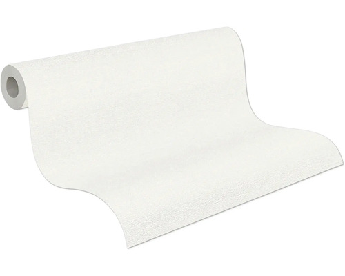 Gestructureerd vliesbehang, gedeeltelijk uitgerolde rol in wit met een fijne oppervlaktestructuur.