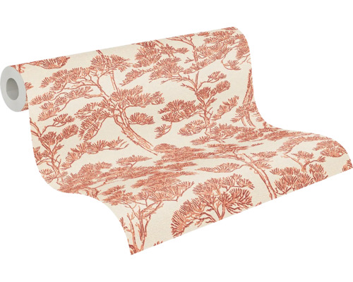 Behang met zalmkleurig Aziatisch boompatroon