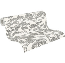 Vliesbehangrol met grafisch boompatroon, dennenontwerp in zwart en wit.