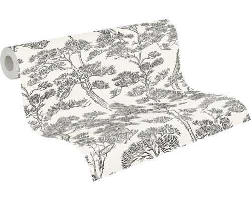 Vliesbehangrol met grafisch boompatroon, dennenontwerp in zwart en wit.