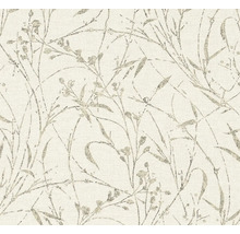 Vliesbehang met fijn, floraal patroon van takken, bladeren en knoppen.