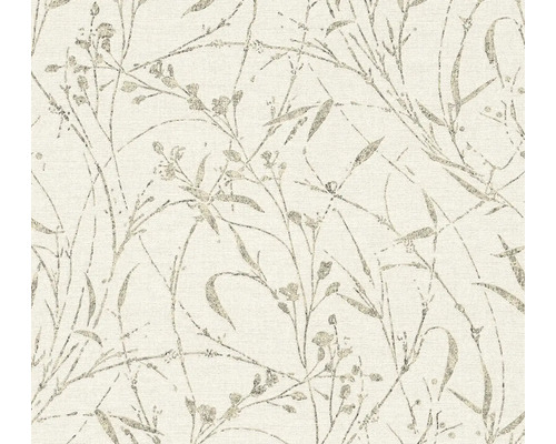Vliesbehang met fijn, floraal patroon van takken, bladeren en knoppen.