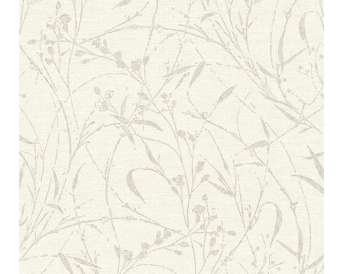 Vliesbehang met verfijnd botanisch patroon van bladeren, takjes en kleine bloemen.