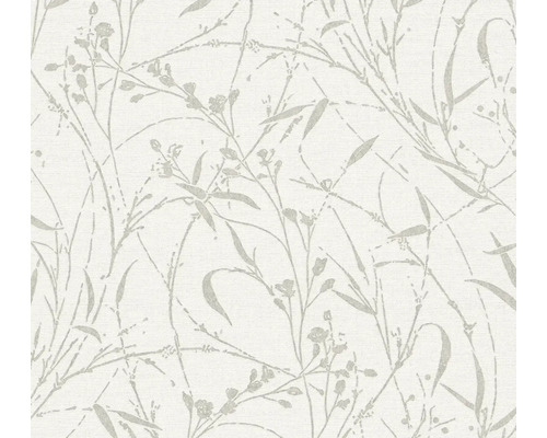 Behang met botanisch patroon van grassen, bladeren en fijne bloemen.