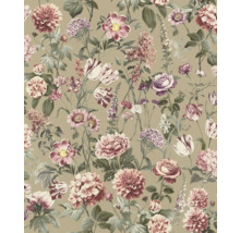 Behang met floraal patroon, toont verschillende bloemen zoals rozen, dahlia's en tulpen in roze en paarse tinten op een beige achtergrund.