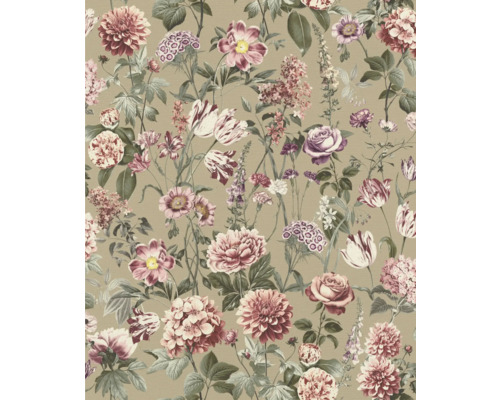 Behang met floraal patroon, toont verschillende bloemen zoals rozen, dahlia's en tulpen in roze en paarse tinten op een beige achtergrund.