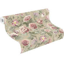 Vliesbehang met groot bloemenpatroon van rozen en dahlia's in vintage-stijl.