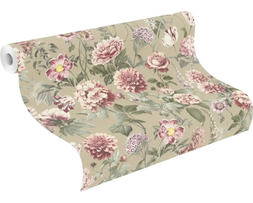 Vliesbehang met groot bloemenpatroon van rozen en dahlia's in vintage-stijl.