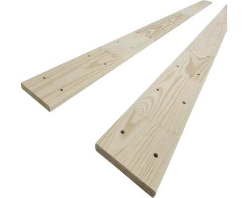 Twee houten planken met voorgeboorde gaten voor saunabanken of houtconstructies.