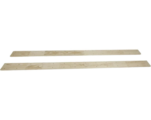 Twee houten planken met voorgeboorde gaten en zichtbare houtnerf.