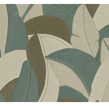 Vliesbehang met gestructureerd patroon van grote tropische bladeren in groen, beige en bruin.