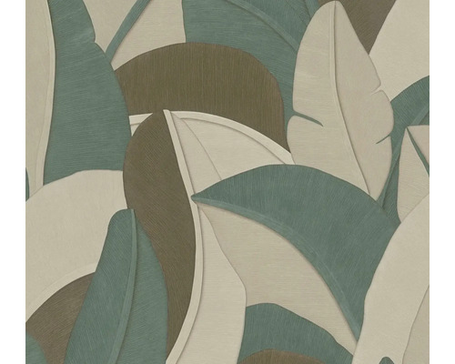 Vliesbehang met gestructureerd patroon van grote tropische bladeren in groen, beige en bruin.