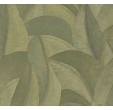 Vliesbehang met groot palmbladmotief en fijne lijnstructuur.