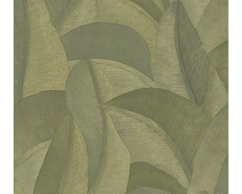 Vliesbehang met groot palmbladmotief en fijne lijnstructuur.