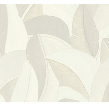 Vliesbehang met groot bananenbladpatroon, gestructureerd oppervlak, botanisch ontwerp.