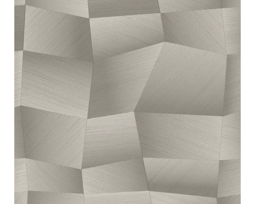 Grijs vliesbehang met geometrisch driedimensionaal patroon van onregelmatige veelhoeken en fijne lijnstructuur.