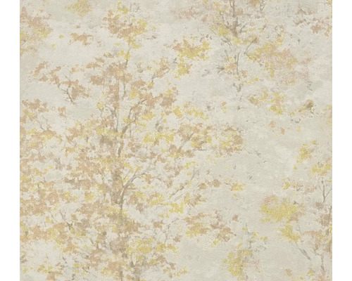 Vliesbehang met gestructureerd bladerpatroon en glanzende effecten in goud en koper