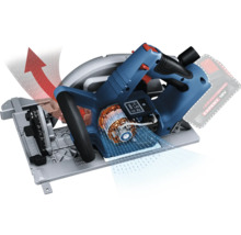 Accu-cirkelzaag 18 Volt met borstelloze motor, blauwe behuizing, verstelbare voetplaat en stofafzuiging.