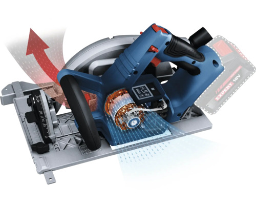 Accu-cirkelzaag 18 Volt met borstelloze motor, blauwe behuizing, verstelbare voetplaat en stofafzuiging.