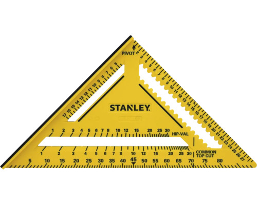 Gele Stanley winkelhaak met schalen voor hoekmetingen en dakconstructies.