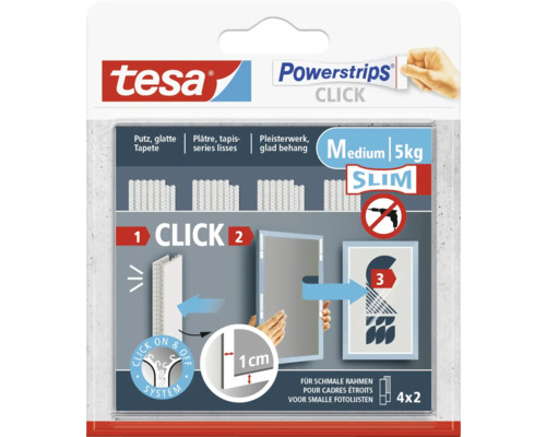 Tesa Powerstrips Click, middel, geschikt voor stuc, glad behang, plâtre en pleisterwerk, 5 kilogram draagkracht, 4x2 stuks