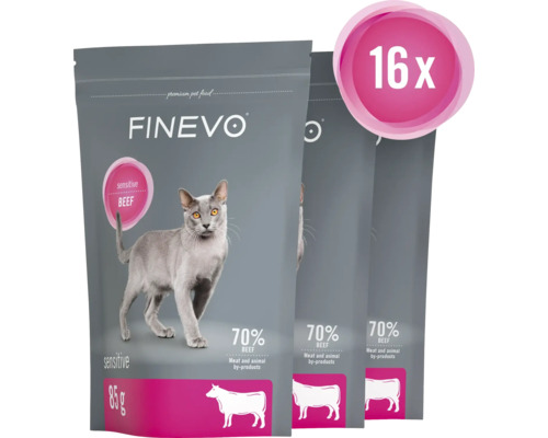 Drie pakken Finevo Sensitive rundvlees kattenvoer, 85 gram, 16 stuks