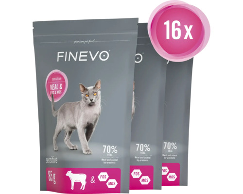 Drie pakken Finevo kattenvoer met kalfsvlees en toevoegingen, 16 stuks