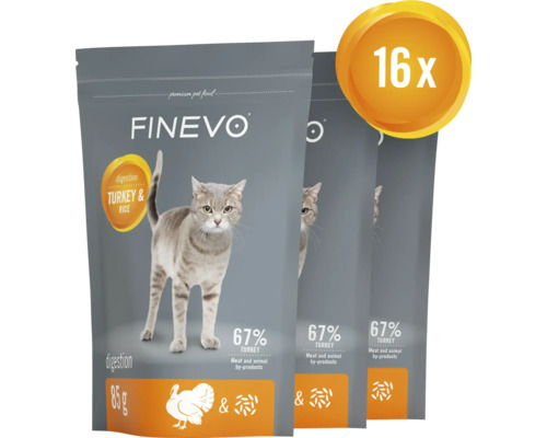 Drie pakken Finevo kattenvoer met kalkoen en rijst, 16 stuks
