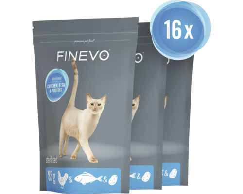 FINEVO kattenvoer voor gesteriliseerde katten, kip, vis en aardappel, 16 stuks van 85 gram.